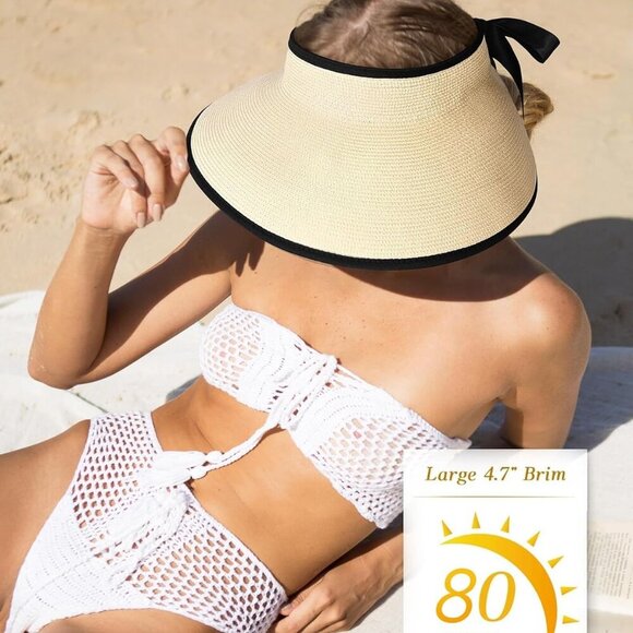 Sun Visor Hat Women Wide Brim Foldable Straw UV Protection Summer Packable - Picture 6 of 9